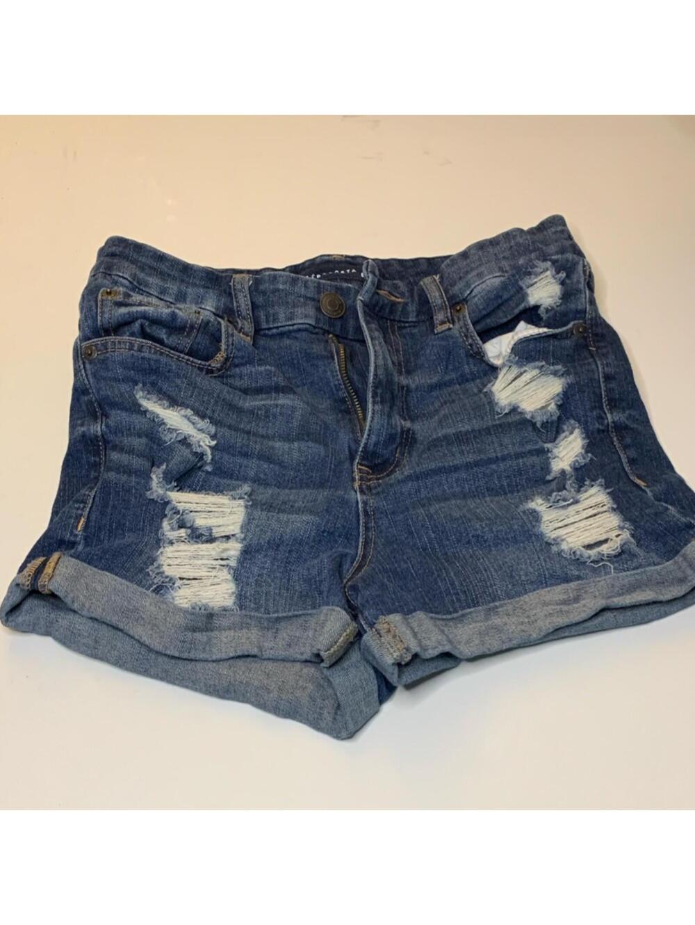 Aéropostale High Rise Curvy Midi Cut Off Denim Shorts Blue Size 8 Distressed